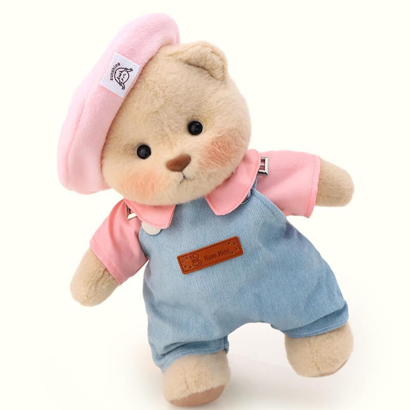 Bär mit rosa Mütze und Latzhose | Handgefertigtes, bewegliches Teddybär-Geschenk