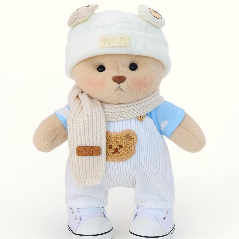 Bär mit weißen Latzhosen, cooler Stil | Handgefertigtes, bewegliches Teddybär-Geschenk