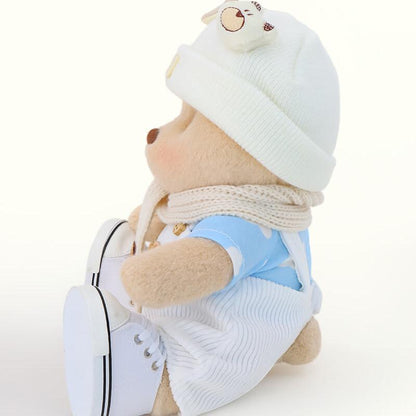 Bär mit weißen Latzhosen, cooler Stil | Handgefertigtes, bewegliches Teddybär-Geschenk