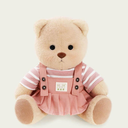 Bär mit gestreiftem Oberteil und rosa Latzhosenkleid | Handgefertigtes, bewegliches Teddybär-Geschenk