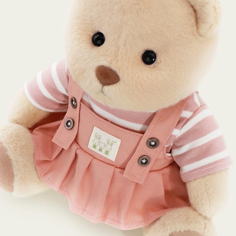 Bär mit gestreiftem Oberteil und rosa Latzhosenkleid | Handgefertigtes, bewegliches Teddybär-Geschenk