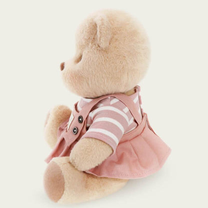 Bär mit gestreiftem Oberteil und rosa Latzhosenkleid | Handgefertigtes, bewegliches Teddybär-Geschenk