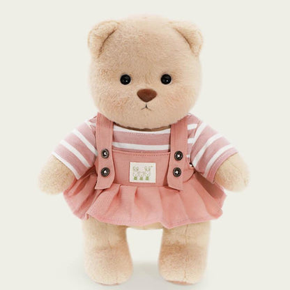 Bär mit gestreiftem Oberteil und rosa Latzhosenkleid | Handgefertigtes, bewegliches Teddybär-Geschenk