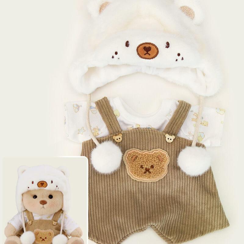 Weißer Nerzhut-Bär mit brauner Latzhose | Handgefertigtes, bewegliches Teddybär-Geschenk