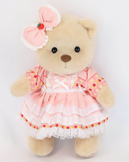 Bär im rosa karierten Kleid | Handgefertigtes, bewegliches Teddybär-Geschenk