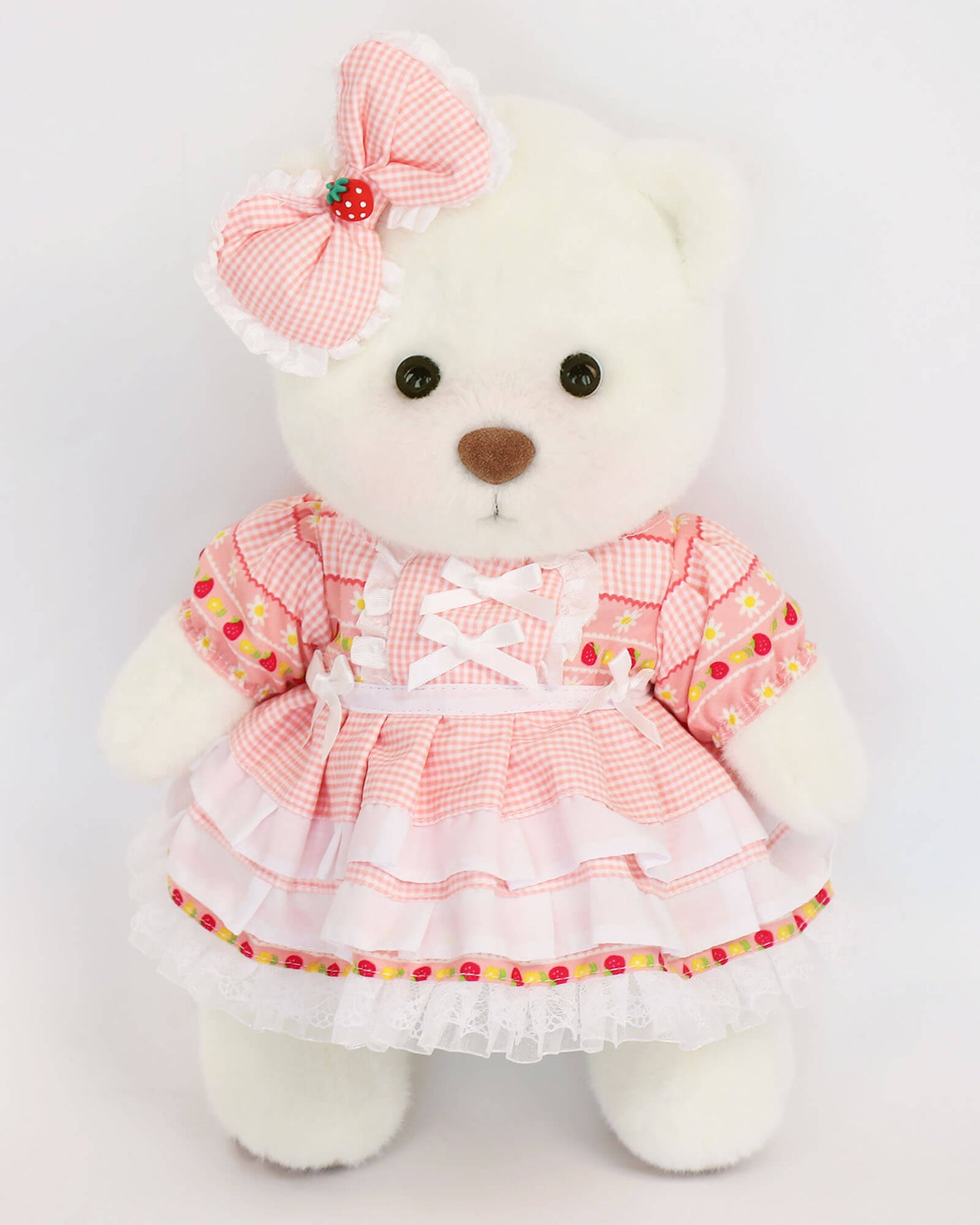 Bär im rosa karierten Kleid | Handgefertigtes, bewegliches Teddybär-Geschenk