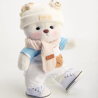 Bär mit weißen Latzhosen, cooler Stil | Handgefertigtes, bewegliches Teddybär-Geschenk