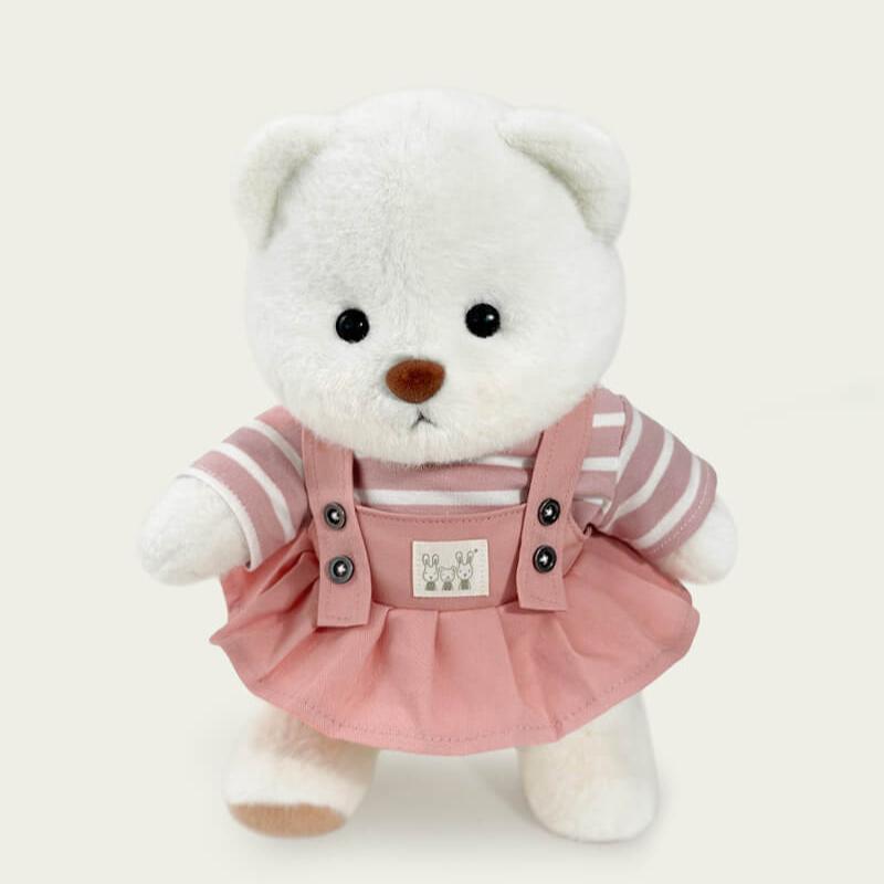 Bär mit gestreiftem Oberteil und rosa Latzhosenkleid | Handgefertigtes, bewegliches Teddybär-Geschenk