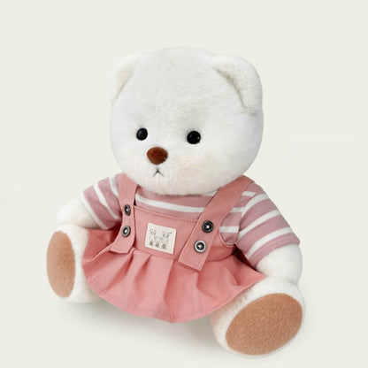 Bär mit gestreiftem Oberteil und rosa Latzhosenkleid | Handgefertigtes, bewegliches Teddybär-Geschenk