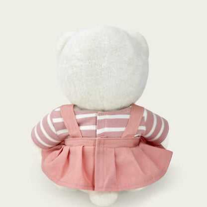 Bär mit gestreiftem Oberteil und rosa Latzhosenkleid | Handgefertigtes, bewegliches Teddybär-Geschenk