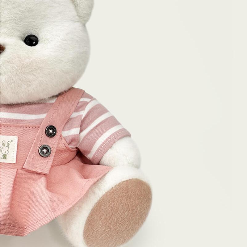 Bär mit gestreiftem Oberteil und rosa Latzhosenkleid | Handgefertigtes, bewegliches Teddybär-Geschenk