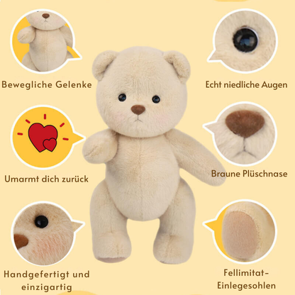 Weißer Nerzhut-Bär mit brauner Latzhose | Handgefertigtes, bewegliches Teddybär-Geschenk